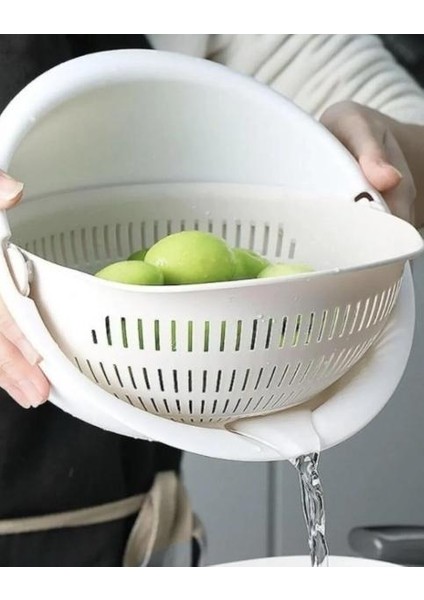 Döner Süzgeç Büyük Boy 3 Lt Aqua Hazneli Makarna Sebze Meyve Süzgeci Kremrenk