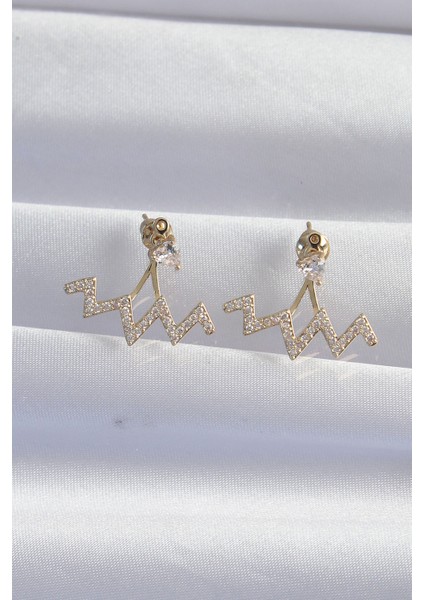 Pirinç Gold Renk Zirkon Taşlı Zikzak Küpe - Lisinya