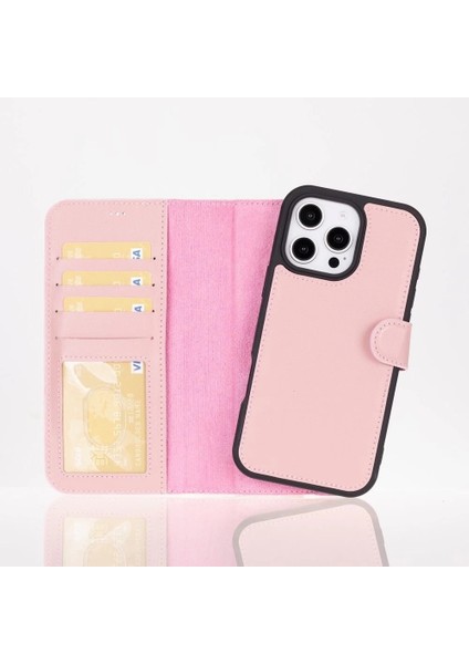 Apple iPhone 16 Pro Uyumlu, Hakiki Deri, El Yapımı, Cüzdanlı Kılıf, Toz Pembe