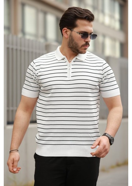 Erkek Fermuar Yakalı Çizgili Kısa Kollu T-Shirt