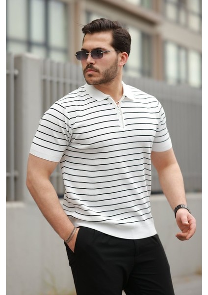 Erkek Fermuar Yakalı Çizgili Kısa Kollu T-Shirt fiyatları