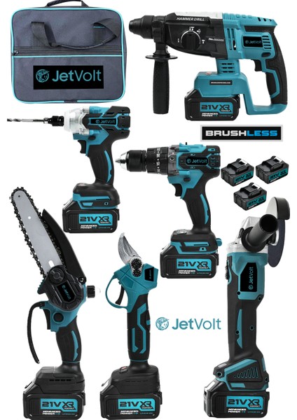Jetvolt Profesyonel 21V 2.0AH Bez Çantalı Kömürsüz Darbeli 6'lı Set - Mavi