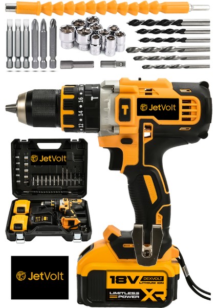 Jetvolt 18V Metal Şanzıman Çift Akülü Şarjlı Darbeli Matkap 24 Parça - Sarı