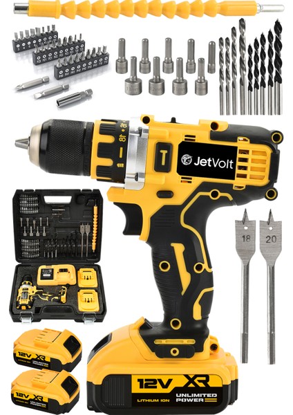 Jetvolt 12V 2.0AH Şarjlı Matkap Metal Şanzıman Bakır Sargılı Çift Akülü 84 Parça Set - Sarı