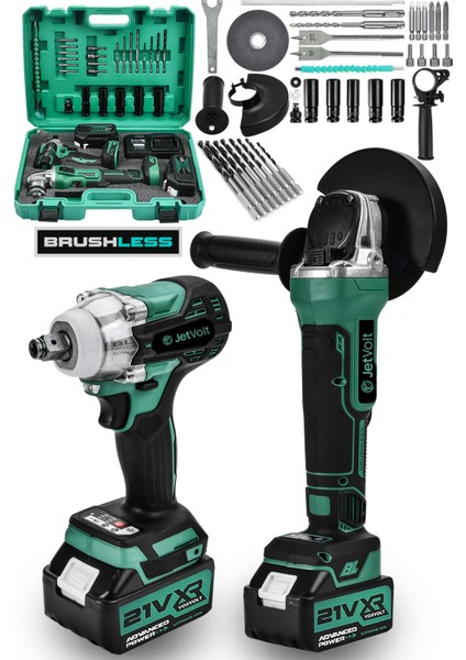 Jetvolt 21V 2.0AH Şarjlı Somun Sıkma Sökme Darbeli 450NM + Şarjlı Taşlama 125MM Kömürsüz Profesyonel 2'li Set - Yeşil