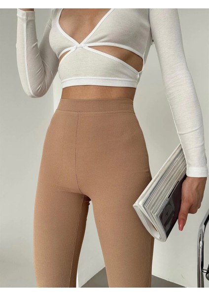 Şık ve Rahat Yüksek Bel Ispanyol Paça Fitilli Toparlayıcı Bej Tayt ( Lisinya ) modelleri