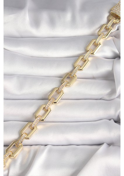 Pirinç Gold Renk Zirkon Taş Detaylı Kare Zincir Model Xuping Vıp Exculusive Seri Kadın Bileklik - Lisinya