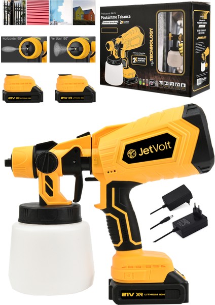 Jetvolt Yüksek Basınçlı Çift Akülü Sprey Boya Püskürtme Tabancası - Sarı