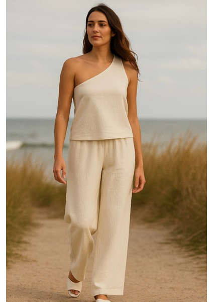 Marsilyan- Kadın Beyaz Tek Omuzlu Şık Bluz & Geniş Paça Pantolon Ikili Takım fırsatları