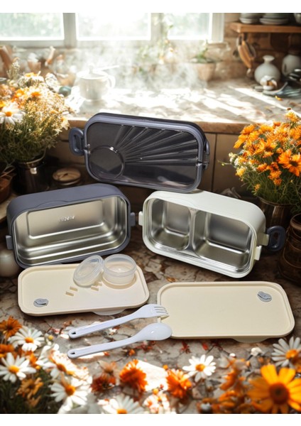 1350 ml Iki Kat Üç Bölme Sosluklu Paslanmaz Çelik Lunch Box