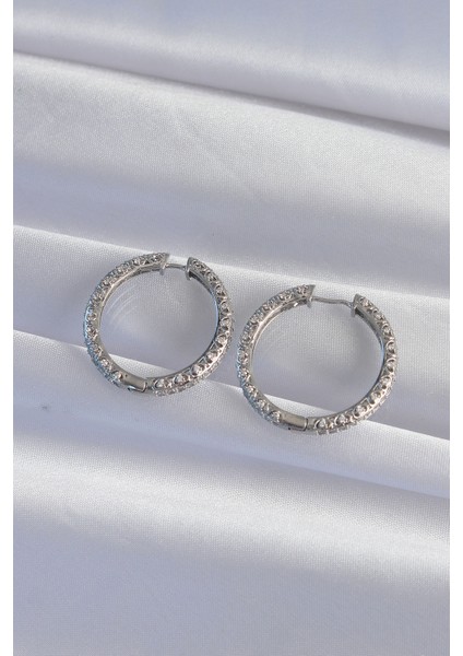 Pirinç Gümüş Renk Zirkon Taşlı Motifli Halka Küpe - Lisinya fiyatları