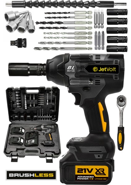 Jetvolt 21V 2.0AH Akülü Vidalama Darbeli Kömürsüz Motor 800NM 10 Pilli Bijon Somun Sökme Sıkma - Sarı