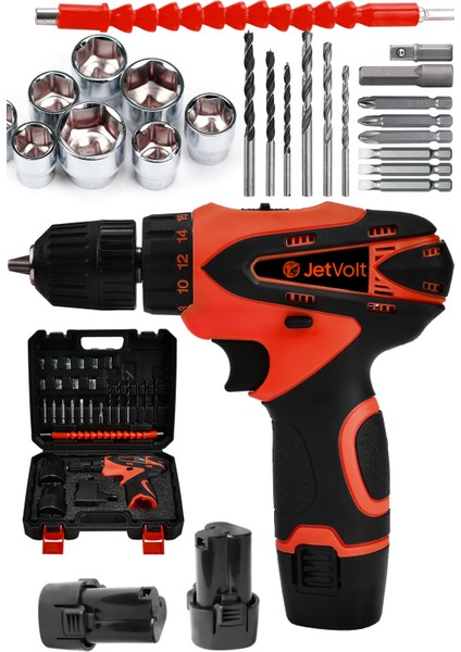 Jetvolt 12V 1.5AH Çift Akülü Vidalama Şarjlı Matkap 24 Parça - Kırmızı