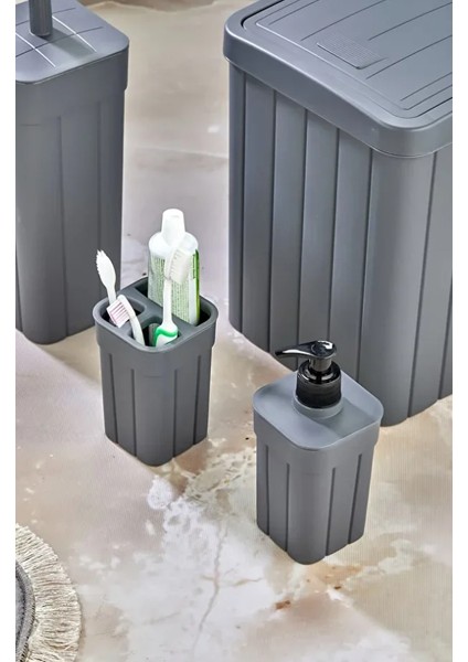 Trend Lüx Fitil Çizgili Desenli Banyo Çöp Kutusu-Wc Tuvalet Fırçası-Sabunluk-Diş Fırçalık Antrasit modelleri