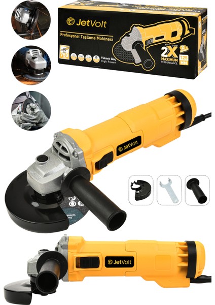 Jetvolt Profesyonel 750W Avuç Taşlama Makinesi 125MM Bakır Sargılı Spiral - Sarı