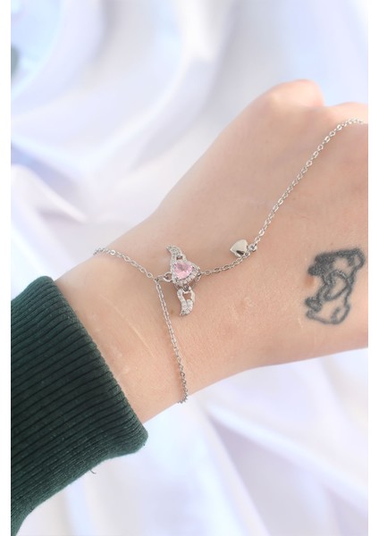 316L Çelik Gümüş Renk Pembe Zirkon Taşlı Kanatlı Kalp Model Şahmeran - Lisinya fırsatları