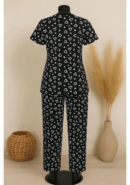 Marsilyan- Kadın Siyah Beyaz Kalp Desenli Fiyonklu Kısa Kollu Pijama Takımı fiyatları