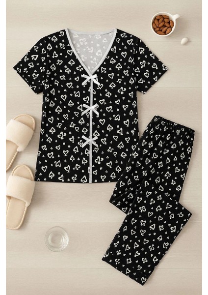 Marsilyan- Kadın Siyah Beyaz Kalp Desenli Fiyonklu Kısa Kollu Pijama Takımı modelleri