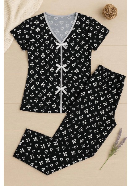 Marsilyan- Kadın Siyah Beyaz Kalp Desenli Fiyonklu Kısa Kollu Pijama Takımı fırsatları