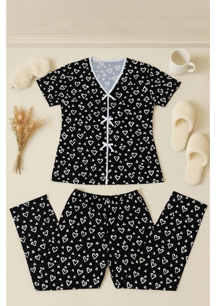 Marsilyan- Kadın Siyah Beyaz Kalp Desenli Fiyonklu Kısa Kollu Pijama Takımı indirimleri