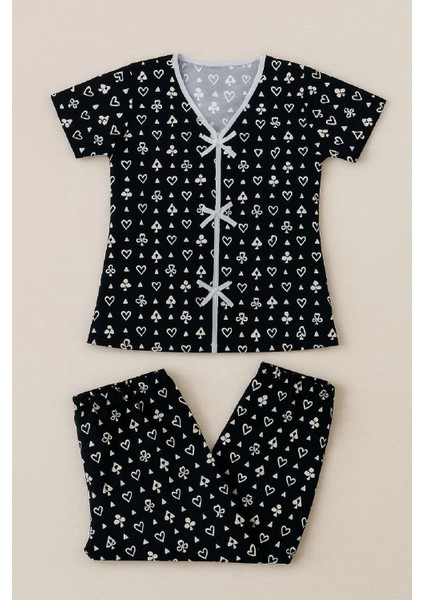 Marsilyan- Kadın Siyah Beyaz Kalp Desenli Fiyonklu Kısa Kollu Pijama Takımı