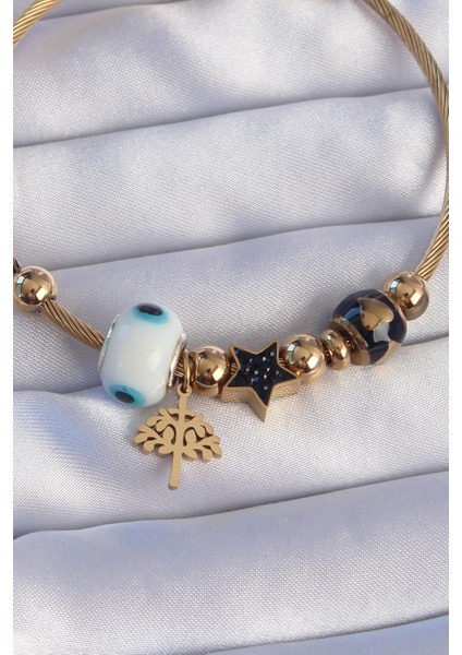 316L Çelik Gold Renk Siyah Zirkon Taşlı Yıldız Tasarımlı Ağaç Detay Nazarlı Charm Bileklik - Lisinya