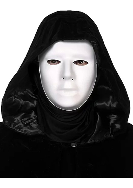 Siyah Kapüşonlu 120 cm Pelerin ve Beyaz Boyanabilir Tam Yüz Maske - Lisinya