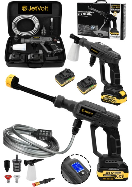 Jetvolt 21V 2.0AH Kömürsüz Motor Yüksek Basınçlı Akülü Oto Araba Yıkama Makinesi Şarjlı - Siyah