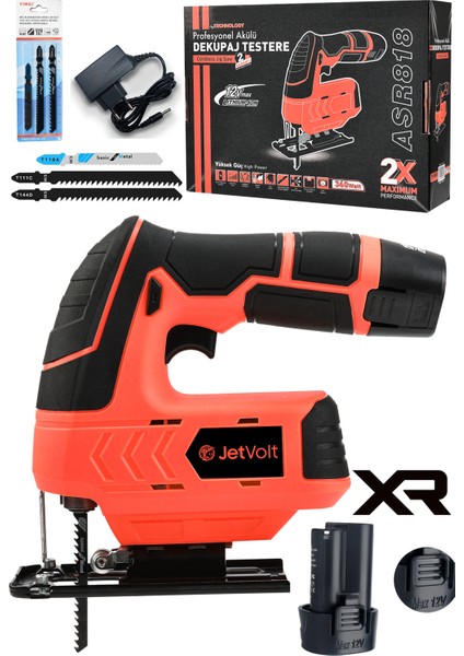 Jetvolt Profesyonel Çift Akülü 12 Volt Li-Ion Şarjlı Dekupaj Testere - Kırmızı
