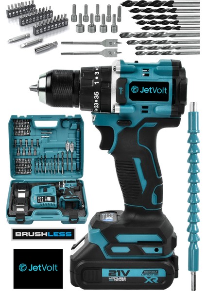 Jetvolt 21V Çelik Mandren Kömürsüz Motor Darbeli Şarjlı Matkap Vidalama - Mavi