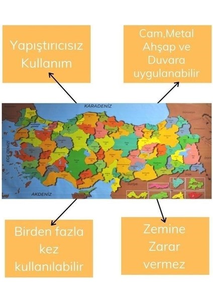 Buffer® Renkli Türkiye Haritası Manyetik Yapıştırıcı Gerektirmeyen Duvar Stickerı 118 cm * 56 cm