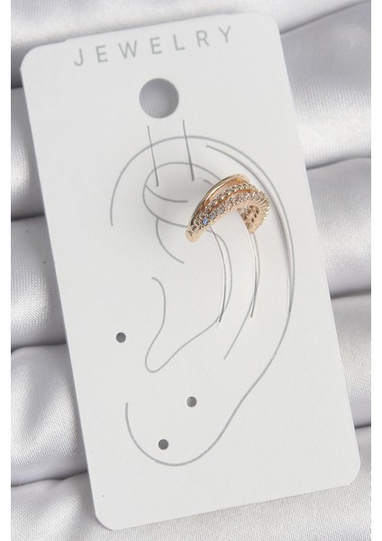 Pirinç Gold Renk Zirkon Taşlı 3'lü Sıralı Model Kadın Kıkırdak Küpe - Lisinya