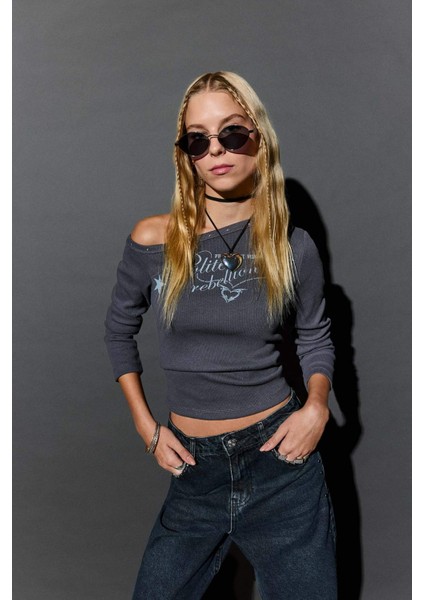 Coool Fitted Açık Omuzlu Fitilli Kaşkorse Uzun Kollu Tişört