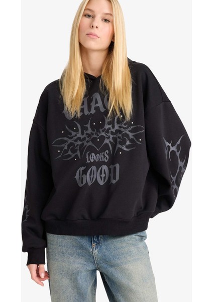 Coool Oversize Geniş Kalıp Kapüşonlu Baskılı Sweatshirt G1223AX25WN modelleri