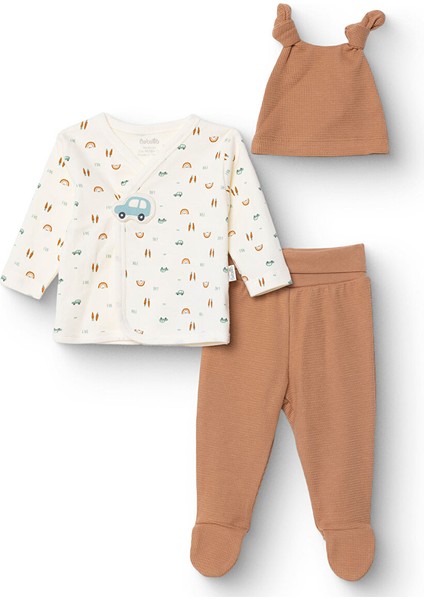 Erkek Bebek Yenidoğan Wooden Car Zıbın-Şapka-Patikli Alt V Yaka Uzun Kol Patikli Paça