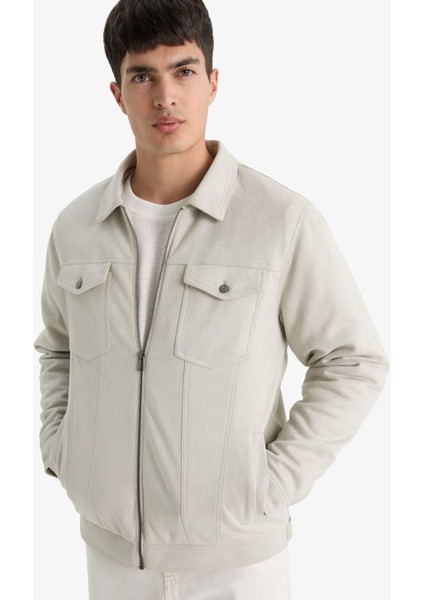 Slim Fit Dar Kesim Gömlek Yaka Fermuarlı İç Cepli Süet Mevsimlik Baharlık Ceket Mont A3254AX25AU