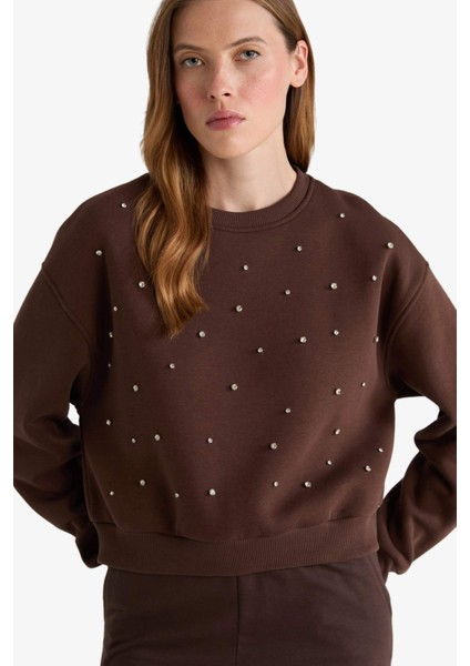 Boxy Fit Bisiklet Yaka İşlemeli Sweatshirt G2153AX25WN