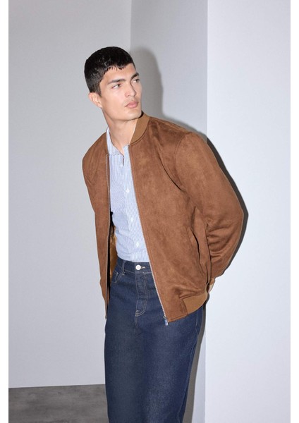 Slim Fit Dar Kesim Süet Kolej Yaka Fermuarlı Çift Cepli Mevsimlik Baharlık Bomber Mont Ceket A3866AX25AU