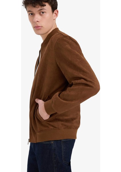 Slim Fit Dar Kesim Süet Kolej Yaka Fermuarlı Çift Cepli Mevsimlik Baharlık Bomber Mont Ceket A3866AX25AU