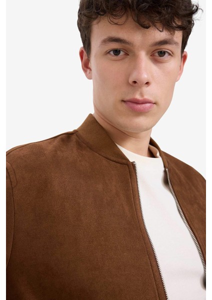 Slim Fit Dar Kesim Süet Kolej Yaka Fermuarlı Çift Cepli Mevsimlik Baharlık Bomber Mont Ceket A3866AX25AU