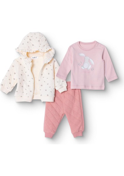 Kız Bebek Yenidoğan Petite Fleurs Sweatshirt-Hırka-Patik Bisiklet Yaka Uzun Kol Patiksiz Paça