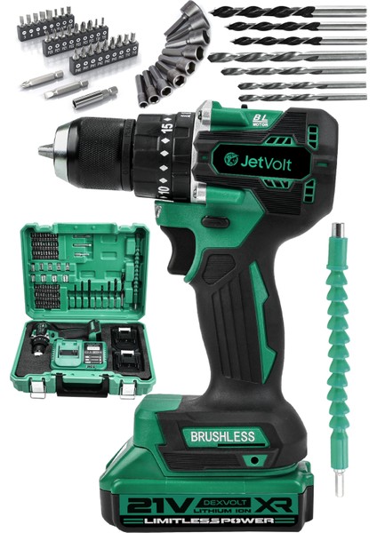 Jetvolt 21V 2.0AH Kömürsüz Motor Çelik Mandren Darbeli Şarjlı Matkap Akülü Vidalama - Yeşil