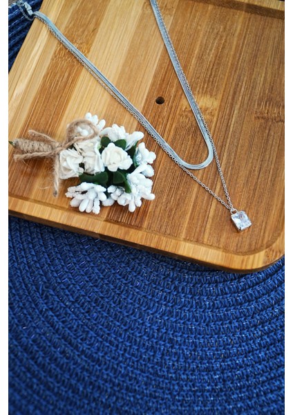 Bakla Model Zirkon Baget Taşlı Zincir Çelik Kolye