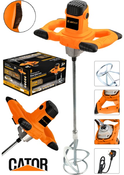 Jetvolt Profesyonel 1800W Devir Ayarlı Elektrikli Alçı Boya ve Harç Karıştırıcı Mikser - Turuncu