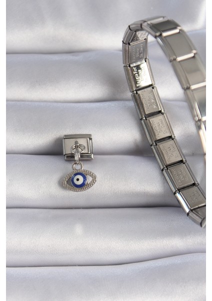 316L Çelik Gümüş Renk Sallantılı Göz Figür Nazar Boncuk Detay Nomination Charm - Lisinya