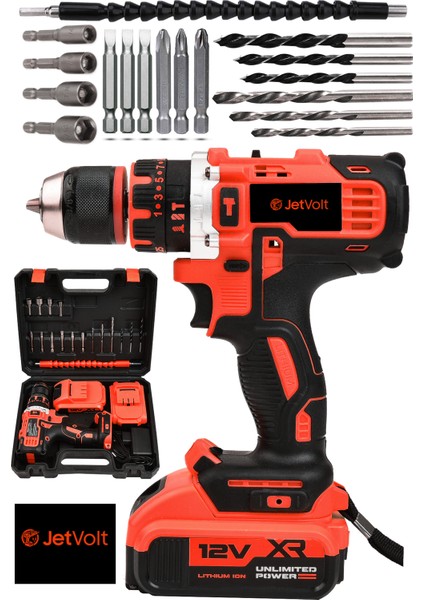 Jetvolt 12V 1.5AH Çelik Şanzıman Çift Akülü Darbeli Şarjlı Matkap Akülü Vidalama - Kırmızı