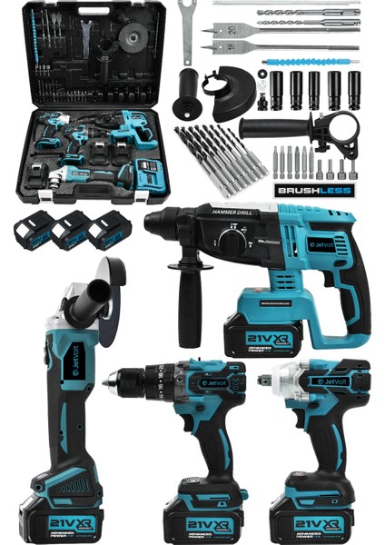Jetvolt Profesyonel 4'lü Set Şarjlı 2-26 Kırıcı Delici HILTI+125MM TAŞLAMA+450NM Somun SÖKME+13MM Darbeli Matkap - Mavi