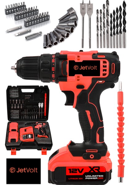 12V 1.5AH Metal Şanzuman Çift Akülü 84 Parça Şarjlı Matkap Akülü Vidalama - Kırmızı