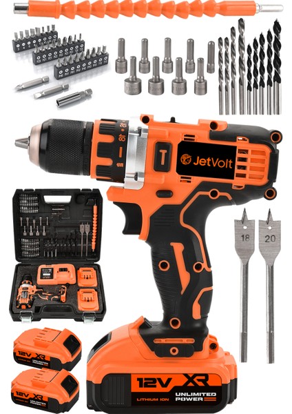 Jetvolt 12V 2.0AH Şarjlı Matkap Metal Şanzıman Bakır Sargılı Çift Akülü 84 Parça Set - Turuncu