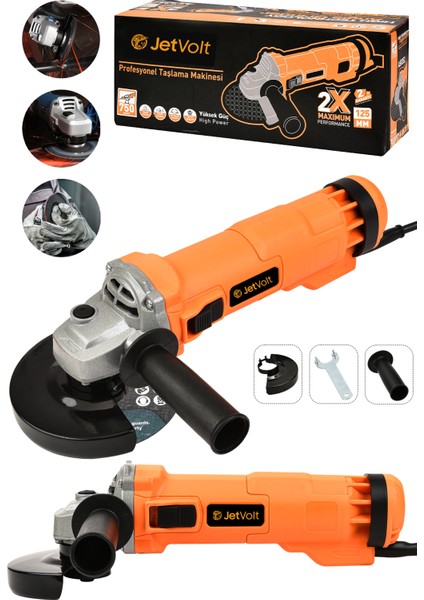 Jetvolt Profesyonel 750W Avuç Taşlama Makinesi 125MM Bakır Sargılı Spiral - Turuncu